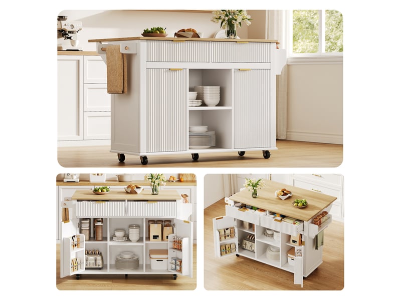  Desserte de cuisine à roulettes avec 2 tiroirs, 2 portes, plan rabattable et rangement ouvert latéral, blanc naturel  - Conforama E