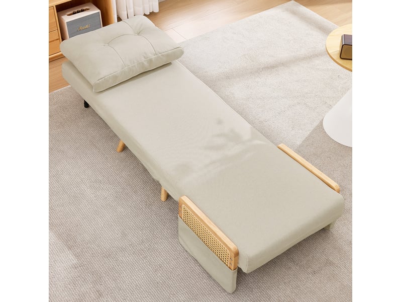  Fauteuil convertible avec dossier 5 positions et fonction couchage en tissu beige avec accoudoirs en rotin et structure en bois  - Conforama D