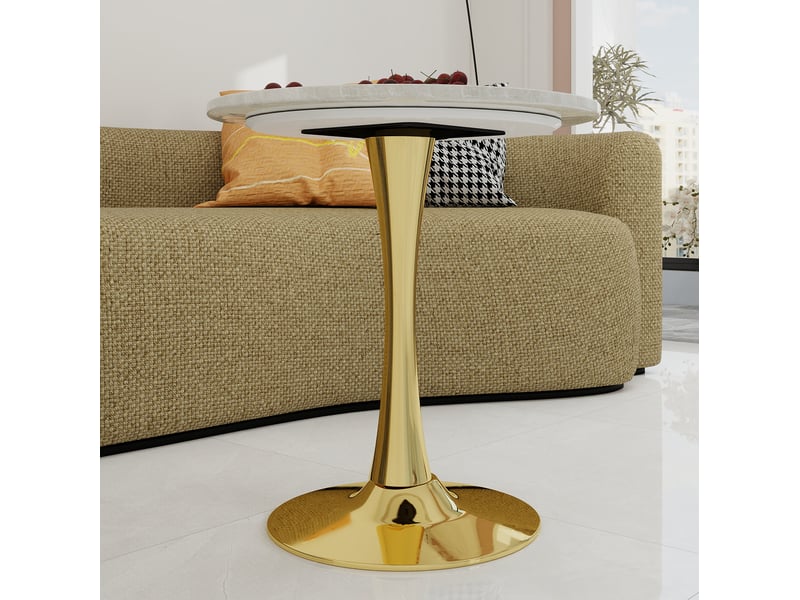  Guéridon rond 70x70x72 cm, 2 places, plateau effet marbre veiné, pied central, marbre artificiel, doré et blanc  - Conforama E