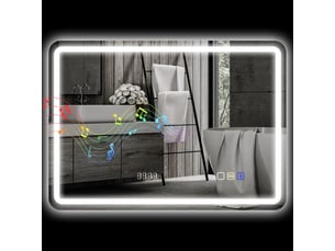 Miroir de salle de bain avec éclairage led 70 x 50 cm, bluetooth, 3 couleurs d'éclairage, horloge numérique, fonction antibuée et fonction mémoire.