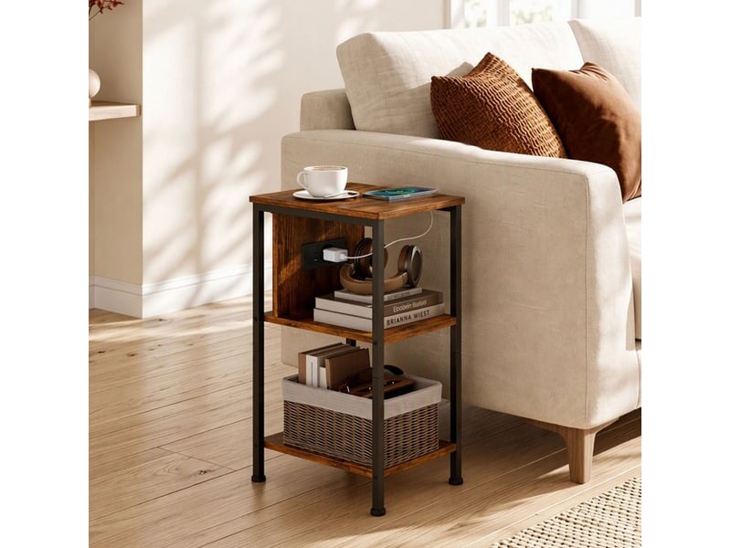  Table d'appoint 34x30x58 cm en panneau de particules e1 et acier avec station de recharge marron rustique chicfurn  - Conforama B