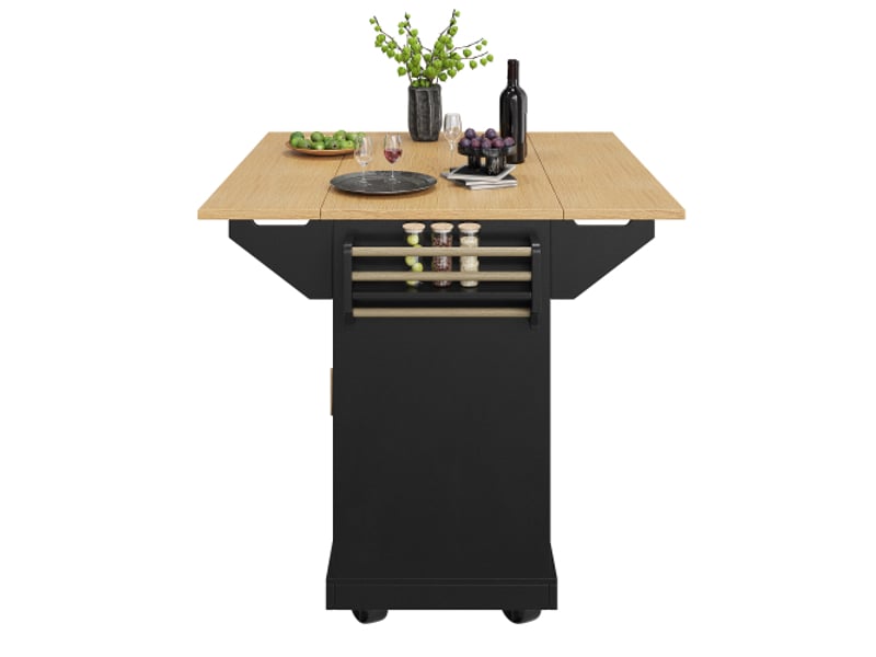 Îlot de cuisine extensible avec roulettes, noirblanc, 120×40(80)×95 cm, double extension, 2 portes, 3 tiroirs, porte-serviettes et porte-épices - Conforama E