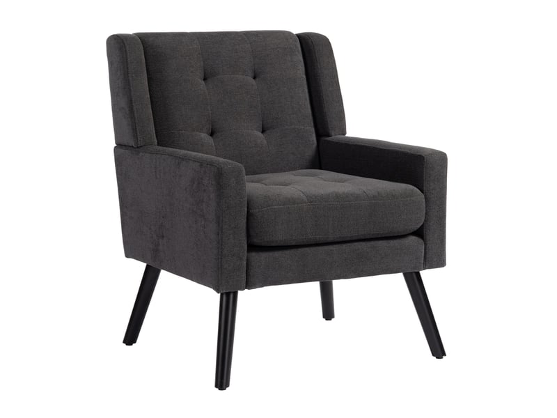  Fauteuil gris foncé avec capitonnage à boutons, coussin en mousse haute densité et pieds en bois pour petits espaces  - Conforama A