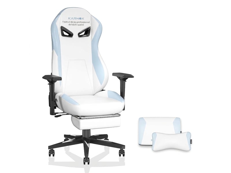 Chaise gamer ergonomique avec repose-pieds et dossier inclinable 60x53x132cm en cuir PU, Blanc et Bleu - Conforama A
