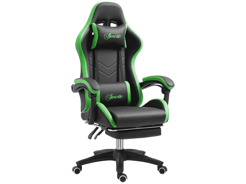  Fauteuil de jeu inclinable à 135° en similicuir avec appui-tête et repose-pieds, 65 x 65 x 121-129 cm, noir et vert  - Conforama A