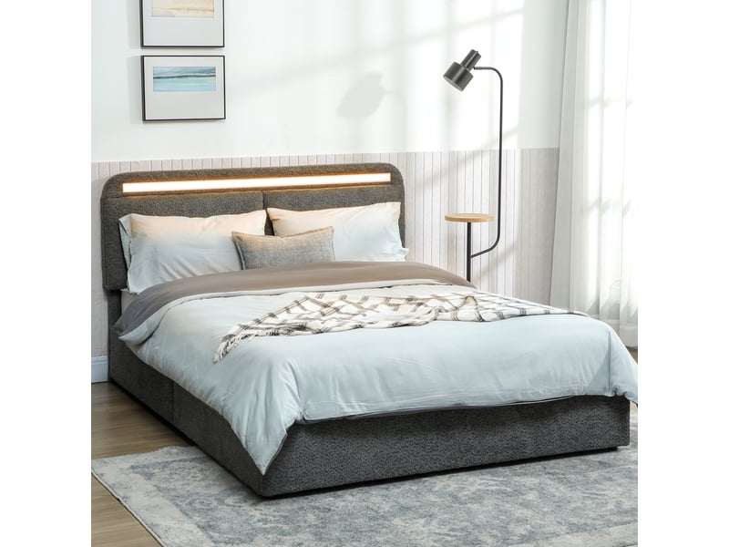  Lit coffre 140 x 190 cm avec éclairage led, tête de lit réglable, sommier à lattes en bois, cadre de lit double, gris  - Conforama D
