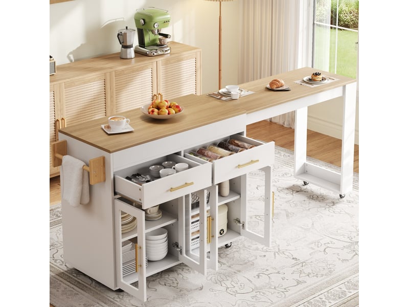  Îlot de cuisine mobile avec plan de travail extensible, chariot à roulettes, meuble de rangement blanc, 132,5-217 x 50 x 93 cm  - Conforama B