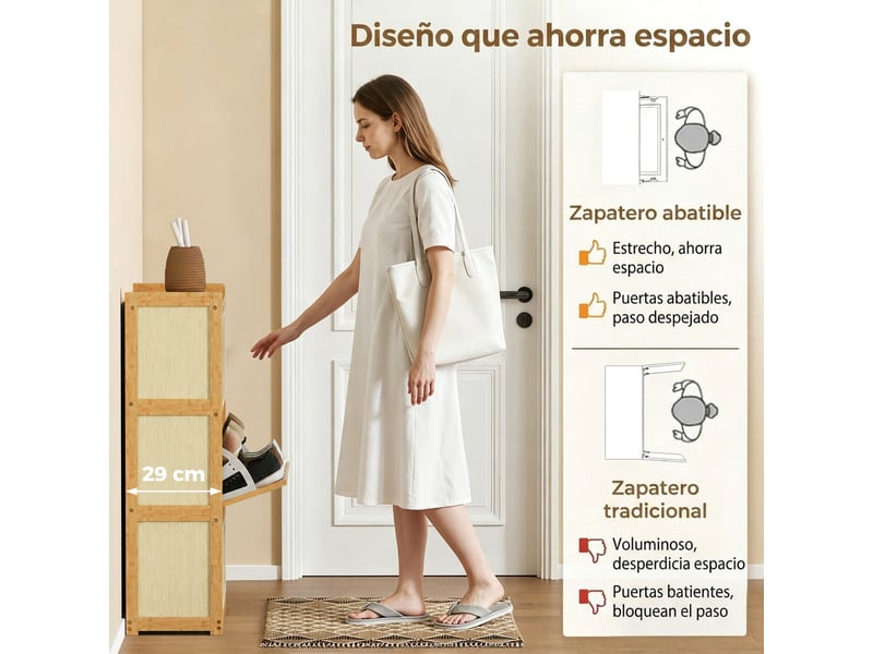  Étagère à chaussures étroite en bambou avec 3 tiroirs rabattables en rotin pour 18 à 21 paires de chaussures, 69 x 29 x 119,8 cm, naturel  - Conforama E