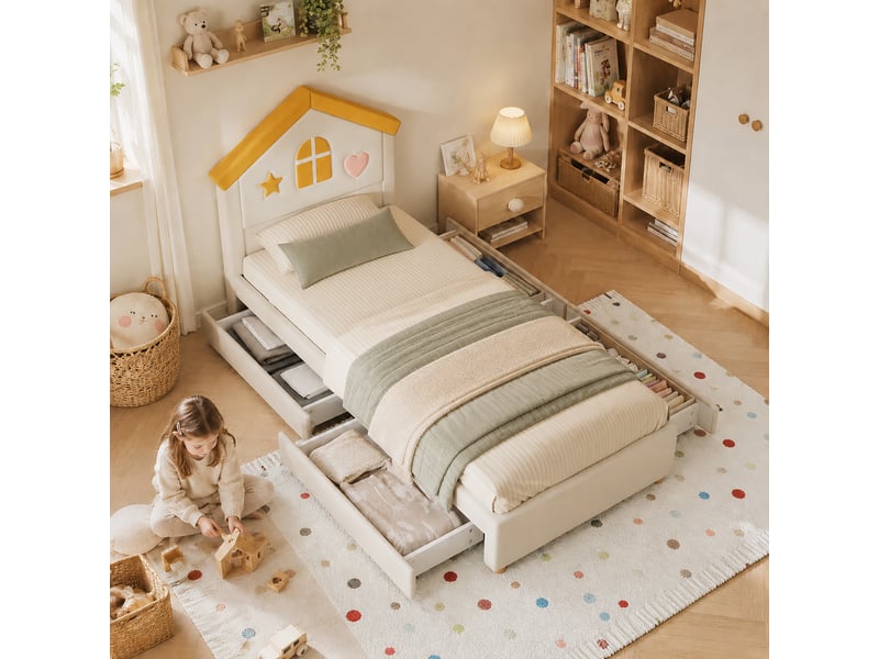  Lit enfant 90 x 200 cm, tête de lit cabane rembourrée, 4 tiroirs de rangement, revêtement velours, beige evarich - Conforama B