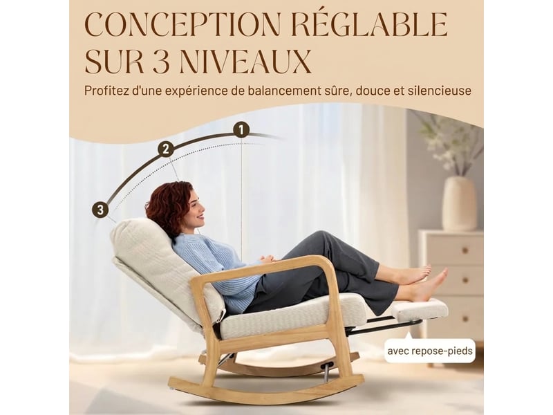  Fauteuil à bascule crème avec repose-pieds intégré, dossier réglable et coussin lombaire pour salon et chambre  - Conforama D