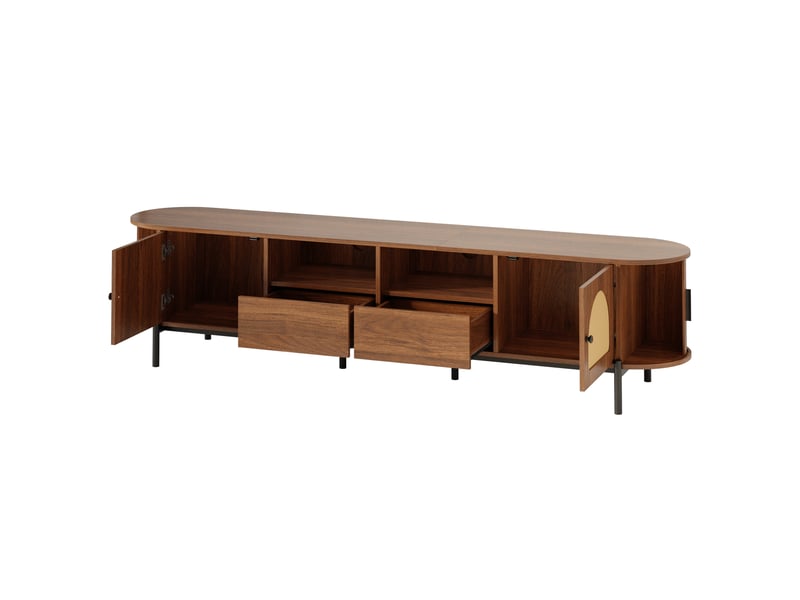  Meuble tv ovale en rotin 200 cm avec portes coulissantes, finition effet bois noyer et pieds en métal noir  - Conforama R