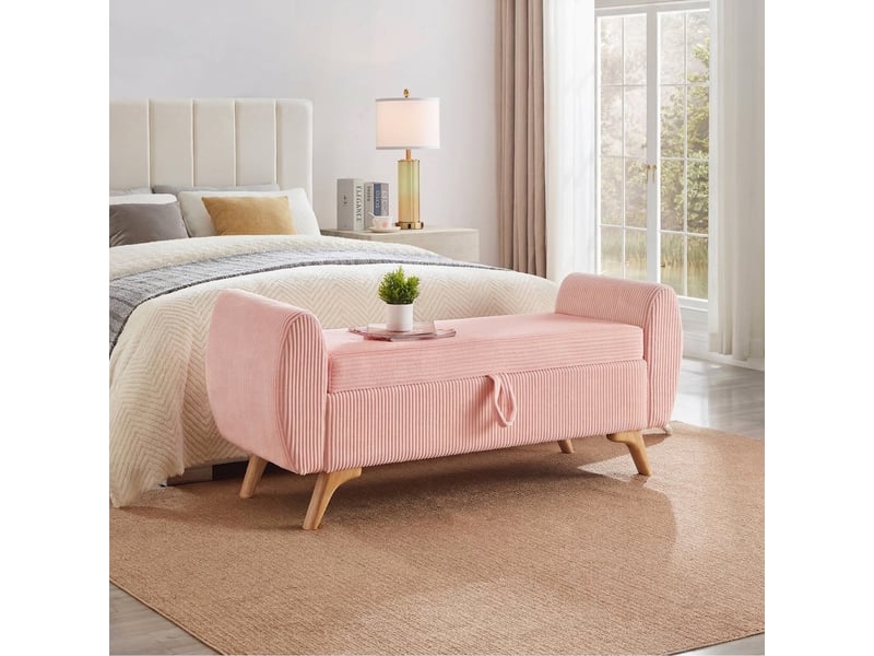  Banc de rangement rose 145 cm en velours côtelé avec coffre pliable et pieds en bois  - Conforama D
