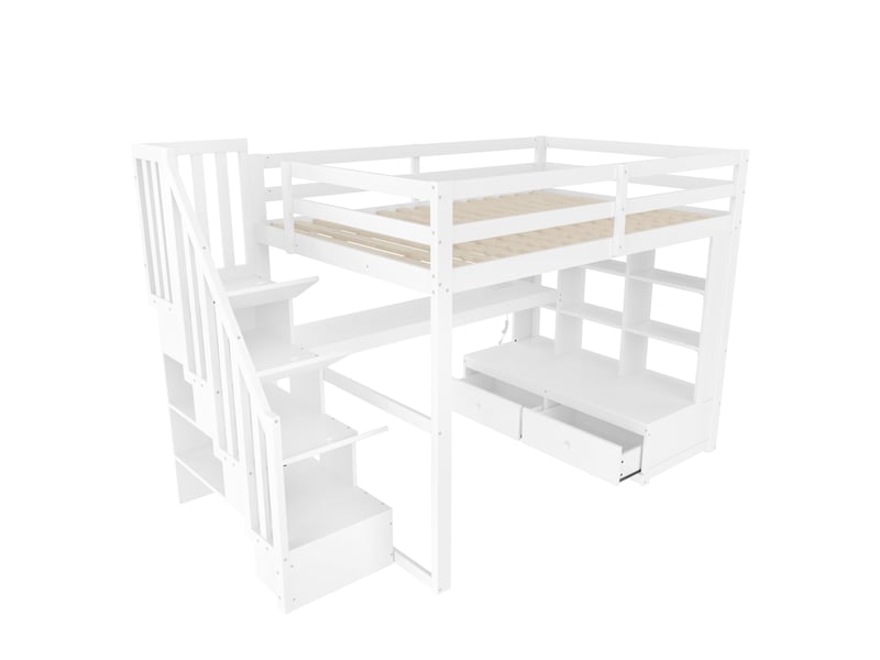  Lit mezzanine pour enfant, 140x200 cm, avec bureau et étagères, deux tiroirs intégrés et escalier de rangement, blanc  - Conforama A