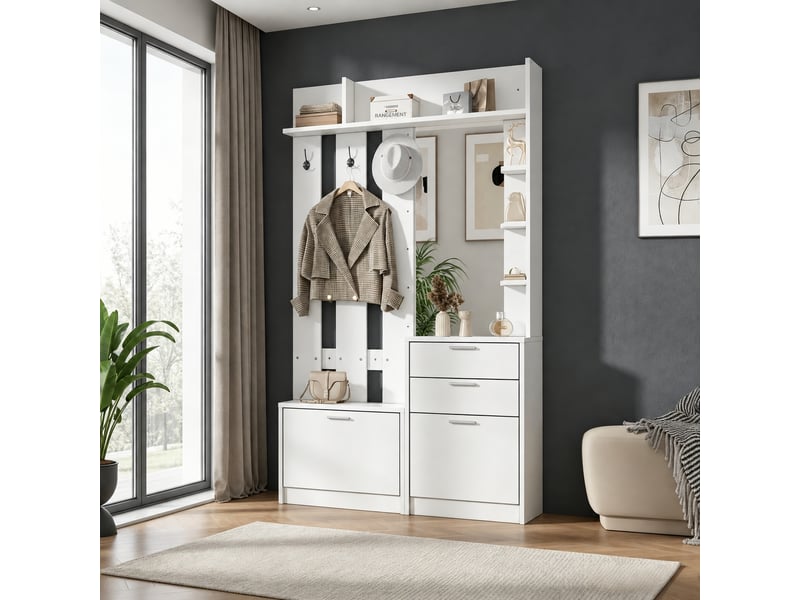  Vestiaire d'entrée blanc avec miroir, 2 meubles à chaussures, 2 tiroirs, 3 patères, mdf, blanc  - Conforama D