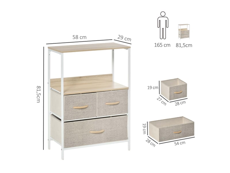  Commode meuble de rangement avec 3 tiroirs tissus, étagère et plateau supérieur, 58l x 29p x 81,5h cm  - Conforama E