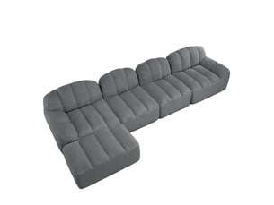 Canapé d'angle modulable 4 places gris en tissu bouclette avec ottoman, confort souple pour le salon familial
