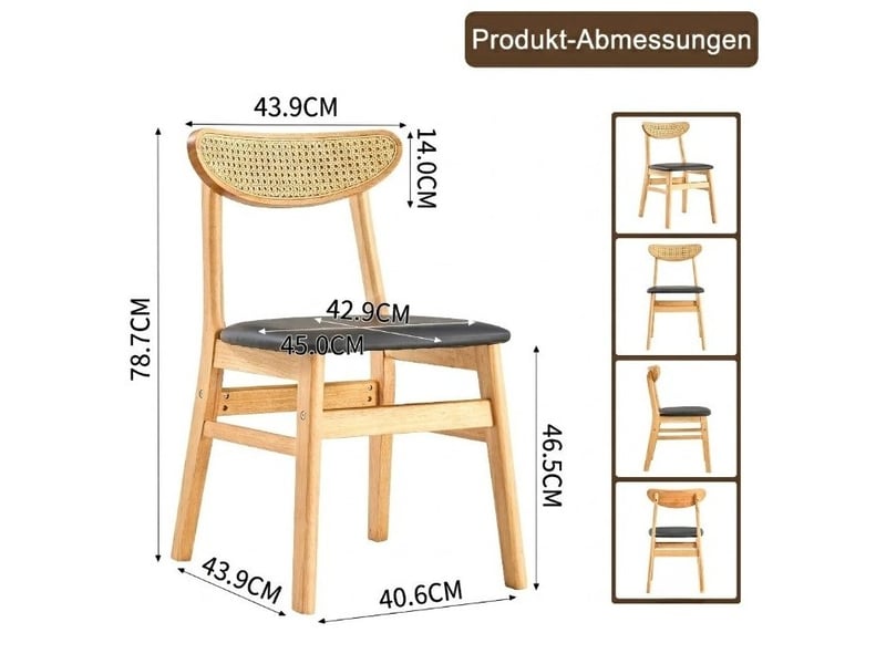  Lot de 2 chaises de salle à manger 45x43,9x78,7cm, chaise cuisine nordique, dossier en rotin, teinte bois clair, bois  - Conforama C