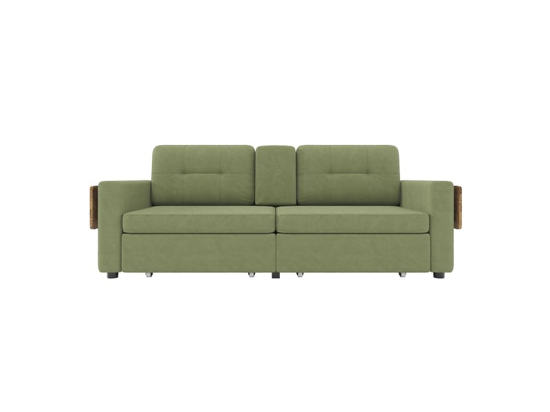  Canapé 2 places deux compartiments de rangement assise réglable tablette ordinateur portable rabattable porte-gobelets revêtement en tissu chenille verte  - Conforama D