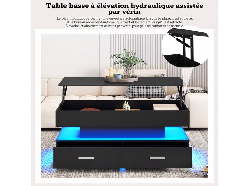  Table basse relevable hydraulique noire 100 x 50 x 44 cm, led bluetooth, 2 tiroirs  - Conforama B