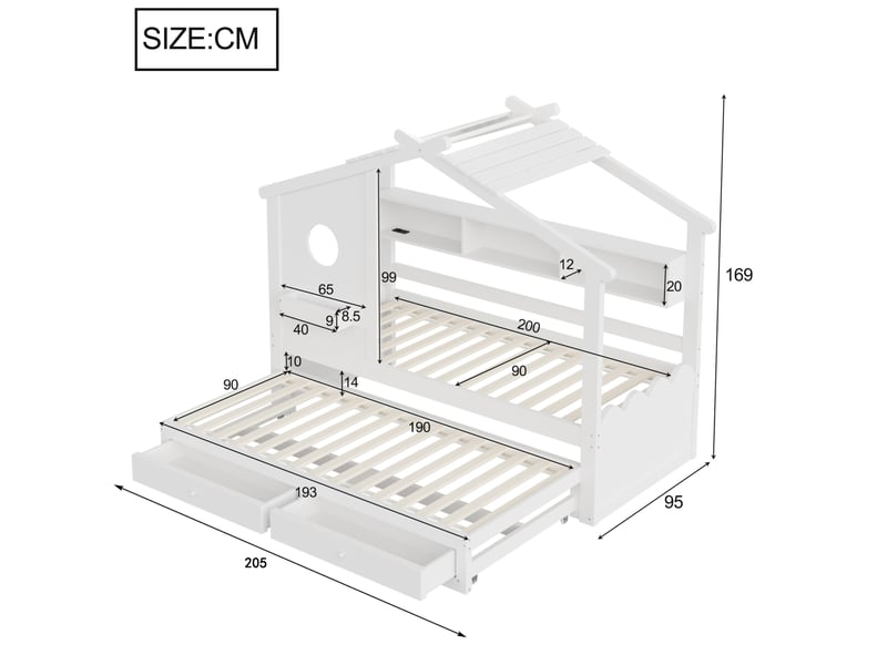 Lit enfant cabane gigogne 90 × 200 cm avec tiroirs, étagères, éclairage led, ports usb et type-c en bois blanc - Conforama C