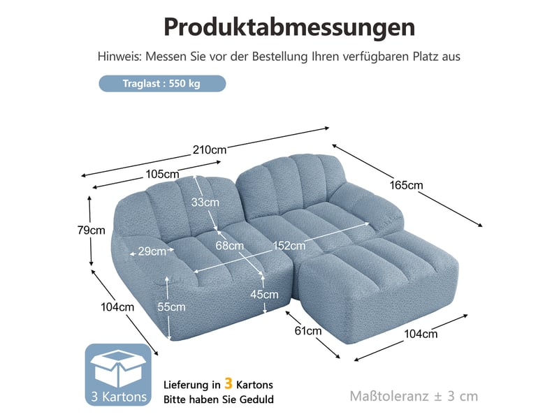  Canapé d’angle coquille 2 places avec pouf bleu – 210 x 165 x 79 cm Fay Lum - Conforama C