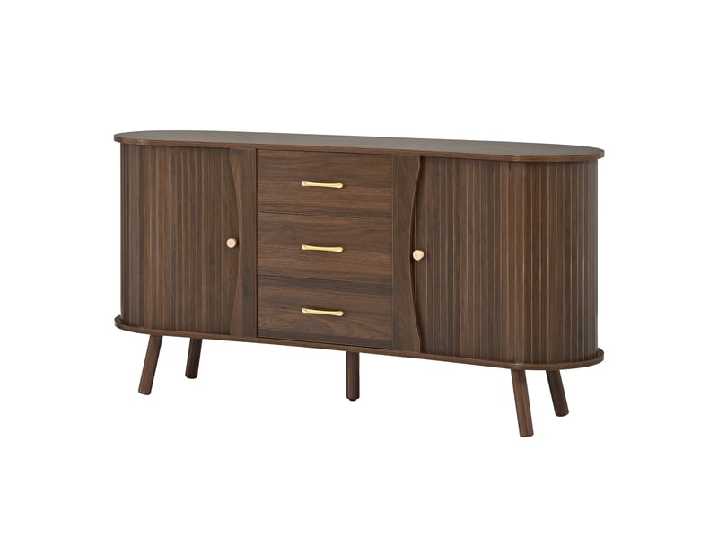  Buffet bas de rangement 150 cm effet noyer, 2 portes coulissantes rainurées, 3 tiroirs, étagères réglables et pieds en bois massif  - Conforama A