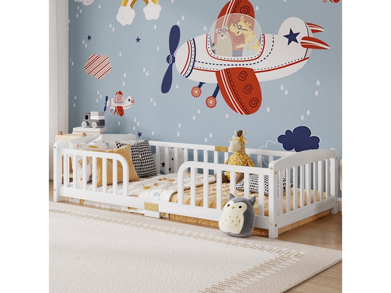  Lit au sol 90x200 cm enfant avec barrière de sécurité - bois de pin massif blanc  - Conforama W