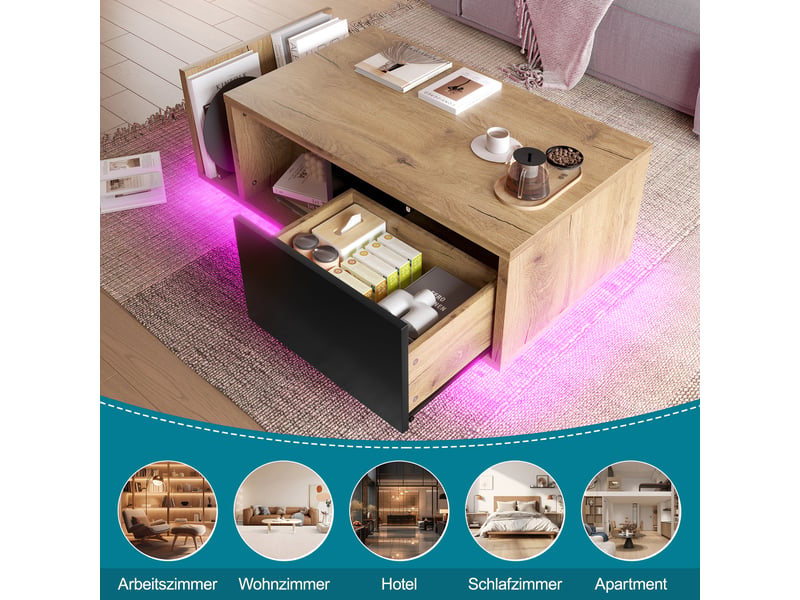 Table basse, avec éclairage led, avec 1 tiroir, 99,5 x 53 x h 38 cm, bois naturel et noir, rangement pratique, structure à cadre métallique, salon Luxe haut de gamme - Conforama E