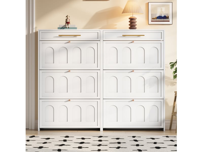 Meuble à chaussures entrée 140x25x123,5 cm, 2 tiroirs et 12 compartiments réglables, gain de place, 36 paires, en panneau mdf, coloris blanc - Conforama D