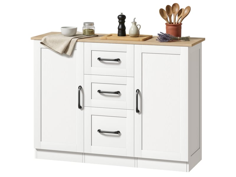  Buffet de salon, meuble de rangement avec 2 portes à fermeture douce et 3 tiroirs, 110 x 35 x 80,4 cm, bois blanc et naturel  - Conforama B