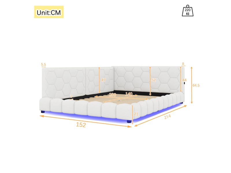  Lit banquette 140 x 200 cm blanc avec éclairage led 16 couleurs, usb et usb-c  - Conforama E