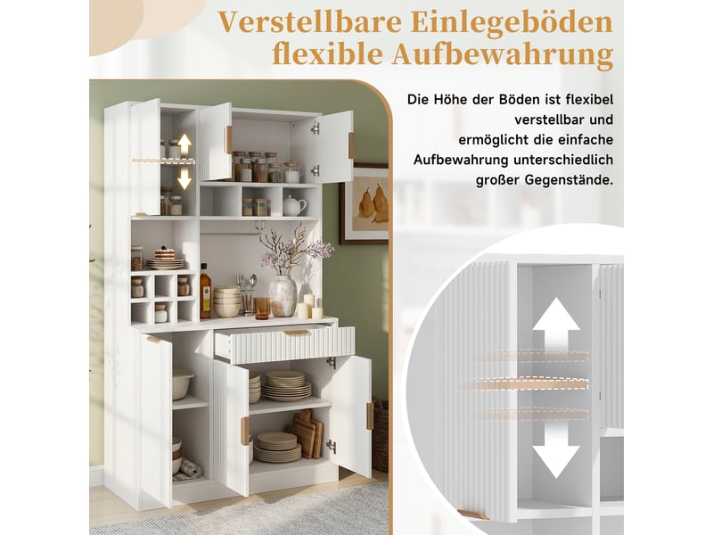  Buffet haut blanc 100 × 40 × 175 cm, 2 prises, usb-ausb-c, casier à bouteilles, façades cannelées, étagères réglables  - Conforama E