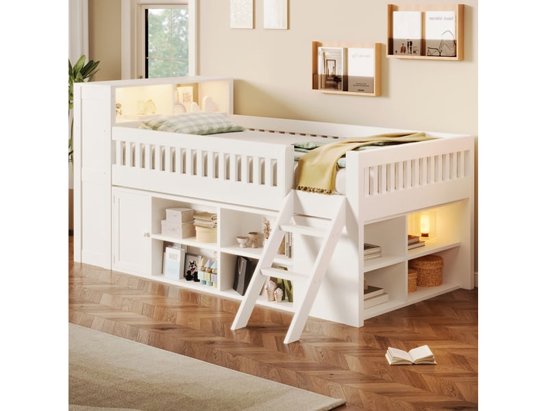 Lit surélevé 120x200 cm blanc avec rangements et éclairage led - Conforama D
