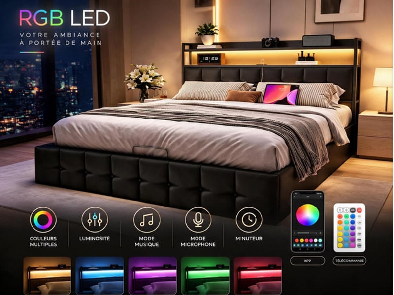  Lit coffre 140x190 cm ezssw, coloris noir  - Conforama D