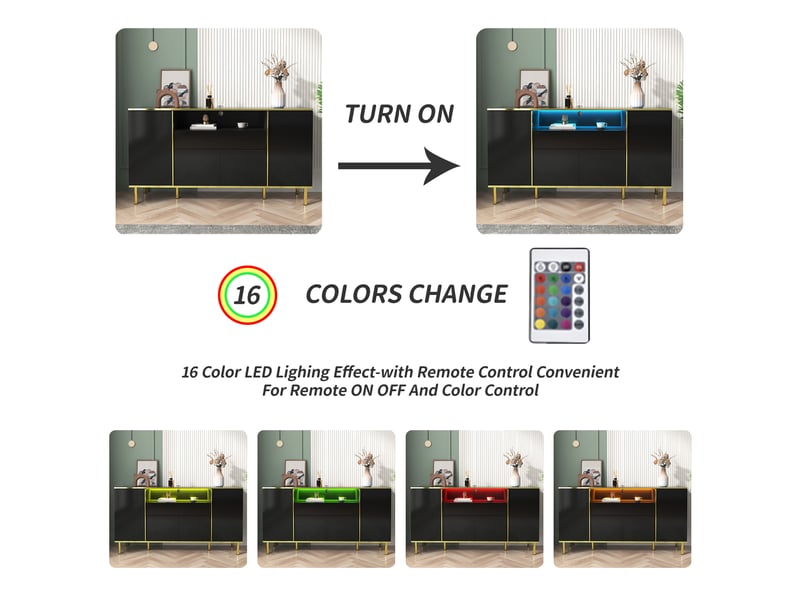 Buffet 4 portes et 1 tiroir led pour salon en mdf et panneaux de particules 150×40×80 cm noir brillant - Conforama C