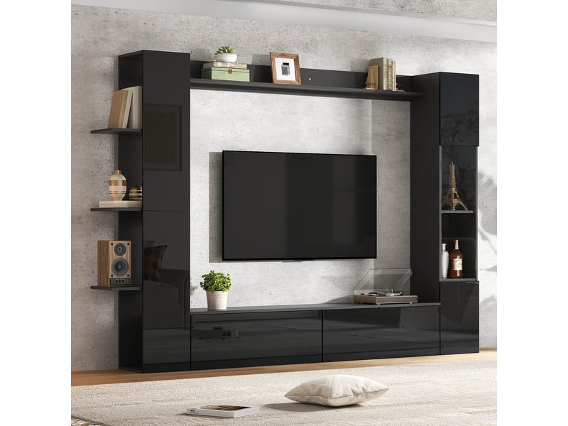 Meuble tv mural de salon lot de 4 avec portes réversibles et rangement meuble de rangement conception d'armoire double face noir BUBBLY - Conforama B