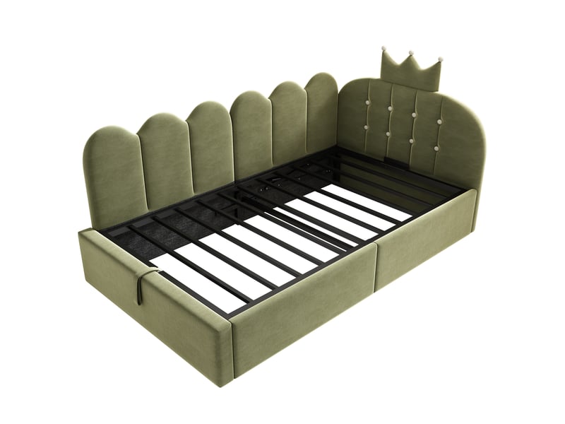 Canapé-lit rembourré 90 x 200 cm, avec espace de rangement, en l, orné d'un motif en treillis en forme de couronne, en velours, vert - Conforama R