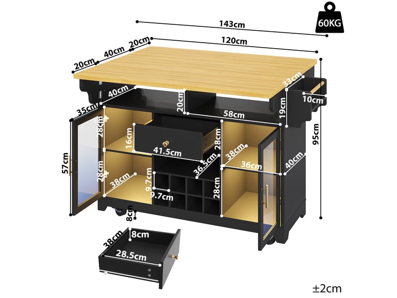  Desserte roulante noire avec led rgb, plateau extensible et porte-bouteilles mobile 95 cm  - Conforama C