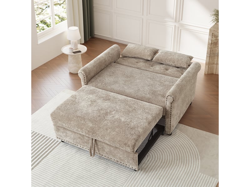 Canapé convertible 3-en-1 2 places 120 x 80 x 82 cm avec dossier 3 positions, lit gigogne et 2 coussins, chenille, mousse et bois, marron OMNIGLINT TRADING LTD - Conforama E