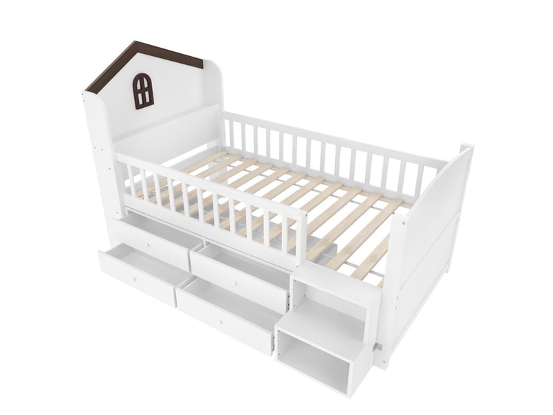 Lit mi-haut, 90 x 200 cm, 4 tiroirs, bande led, escalier de rangement, sans matelas, blanc - Conforama A