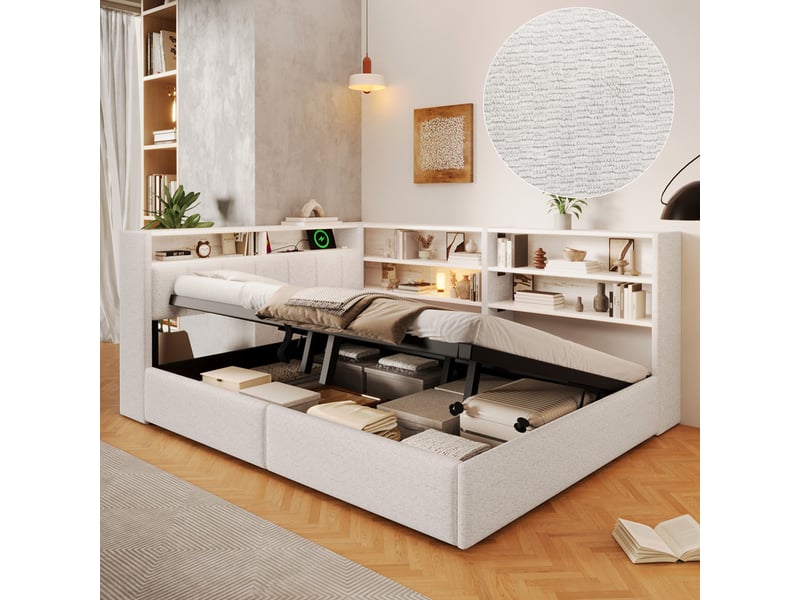  Lit coffre hydraulique 140x200 cm avec led, usb-c et tête réversible, velours crème, structure mdf, sans matelas  - Conforama R