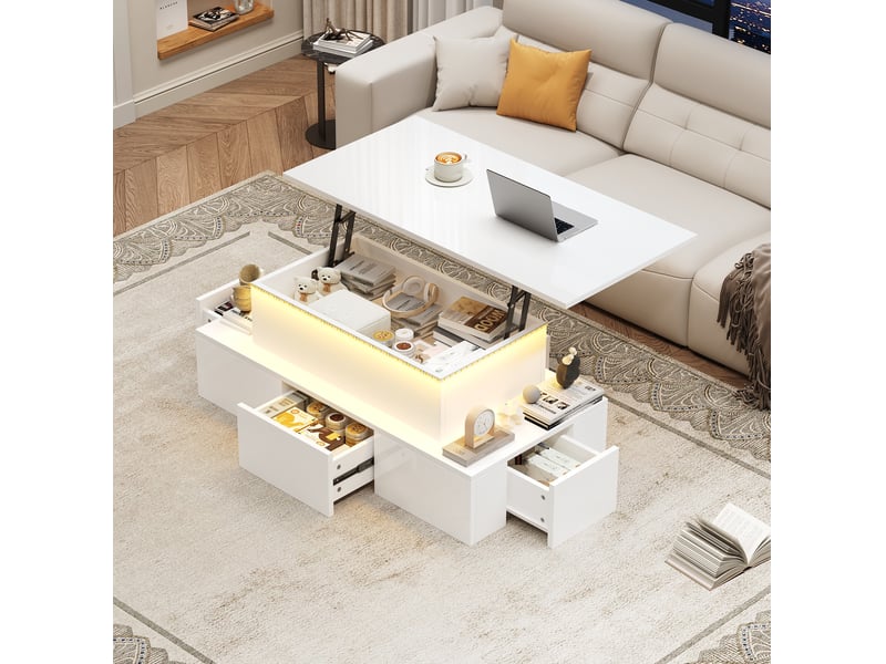  Table basse relevable avec 4 tiroirs, niche ouverte, led et rangement dissimulé pour salon, 100 × 50 × 40 cm  - Conforama C