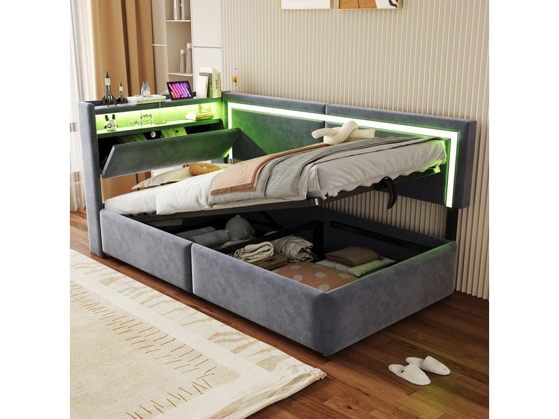  Canapé-lit rembourré 90x200 cm avec led et port usb, lit simple avec tête de lit en velours, gris foncé, lit enfant à vérin  - Conforama A