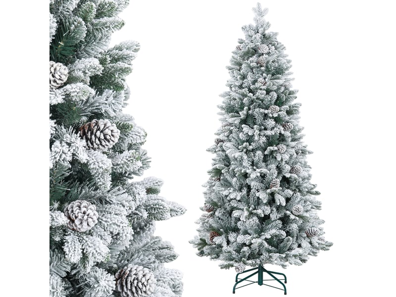  Sapin de noël artificiel 180 cm arbre de noël avec support en métal 1489 branches enneigées, pommes de pin, vert  - Conforama A