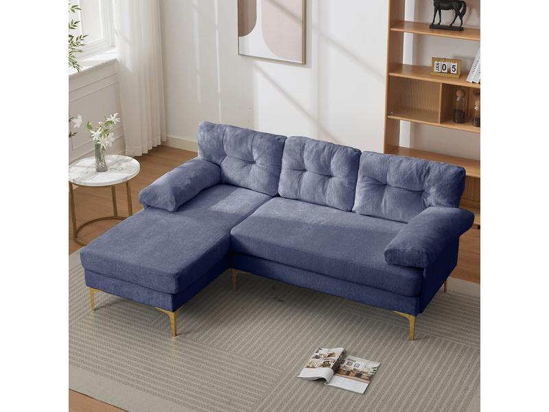 Canapé d’angle 3 places bleu en tissu chenille, méridienne réversible gauche ou droite, coussins rembourrés et pieds en métal - Conforama E