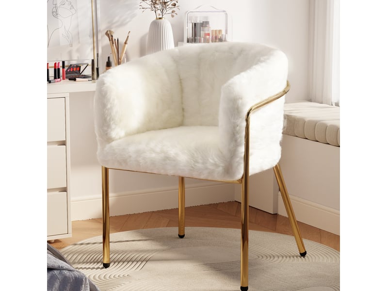  Chaise de salle à manger lot de 2 avec accoudoirs et dossier, pieds métalliques en imitation fourrure de lapin blanche  - Conforama E