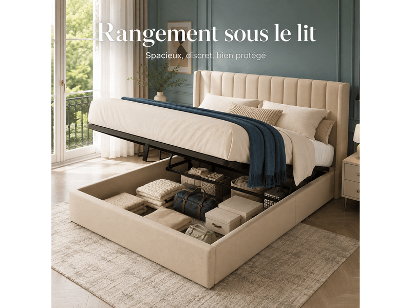 Lit 160x200 cm - lit coffre double adulte avec rangement hydraulique - lit rembourré tapissé 2 personnes - sommier à lattes en bois et tête de lit capitonné - cadre de lit moderne - structure de lit ado -lit queen - 2 place - li… - Conforama R