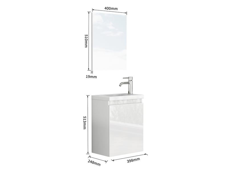  Meuble sous vasque mural avec 1 porte, vasque en céramique et miroir sans poignée, blanc brillant pour salle de bain  - Conforama C