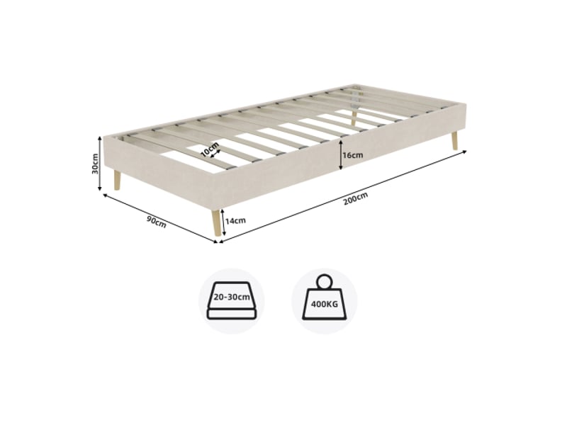 Lit enfant 90x200 cm, sans tête de lit, en tissu et métal, beige, sans matelas - Conforama C