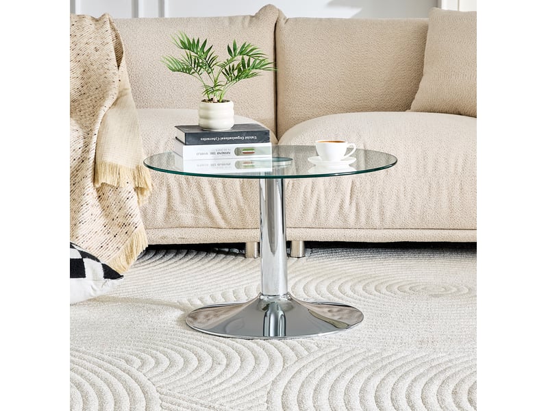  Table basse ronde en verre trempé 70 cm, pied et base en métal argenté, 45 cm  - Conforama D
